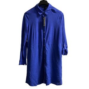 Tahari Shirt Dress Blue Linen Blend Midi Womens M Capsule Minimalist Travel